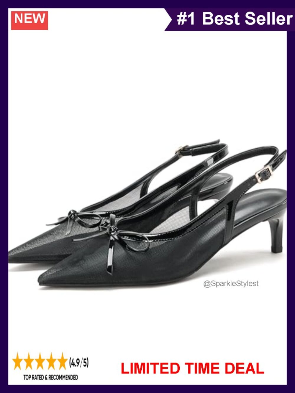 Slingback Kitten Heels Pointed Toe Mesh Pumps Bow Knot Low Heel Dress Shoes
